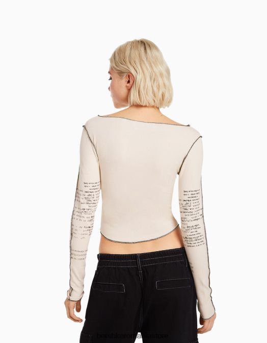 Bershka femei tricou cu maneca lunga cu imprimeu nisip Z86D453 îmbrăcăminte