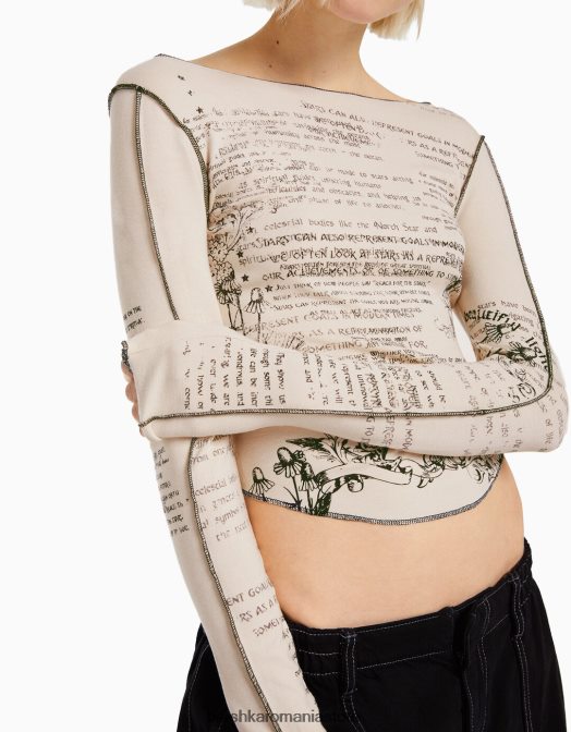 Bershka femei tricou cu maneca lunga cu imprimeu nisip Z86D453 îmbrăcăminte