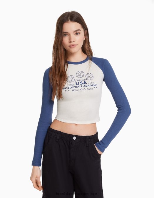 Bershka femei tricou cu maneca lunga in stil raglan alb Z86D642 îmbrăcăminte
