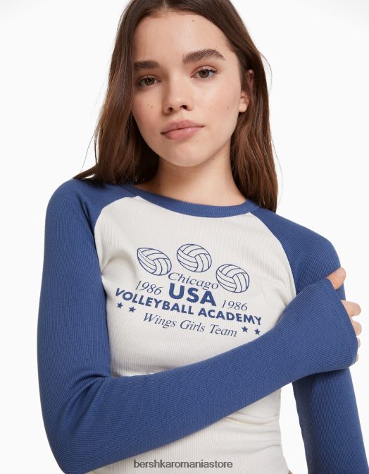 Bershka femei tricou cu maneca lunga in stil raglan alb Z86D642 îmbrăcăminte