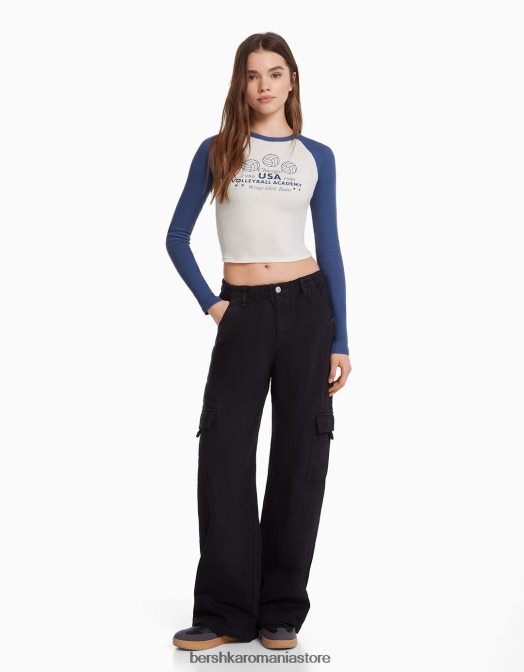 Bershka femei tricou cu maneca lunga in stil raglan alb Z86D642 îmbrăcăminte