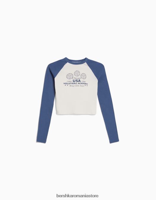Bershka femei tricou cu maneca lunga in stil raglan alb Z86D642 îmbrăcăminte