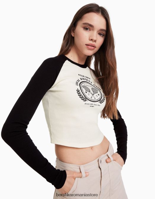 Bershka femei tricou cu maneca lunga in stil raglan alb negru Z86D643 îmbrăcăminte