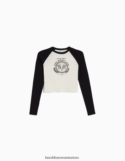 Bershka femei tricou cu maneca lunga in stil raglan alb negru Z86D643 îmbrăcăminte