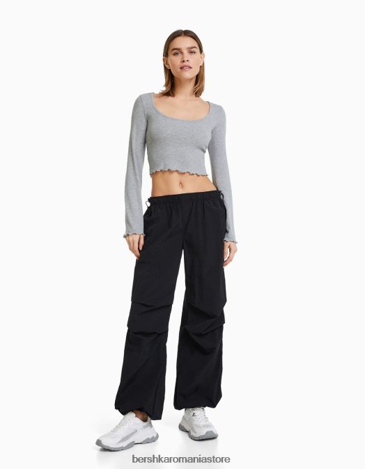 Bershka femei tricou cu maneca lunga si decolteu gri Z86D577 îmbrăcăminte