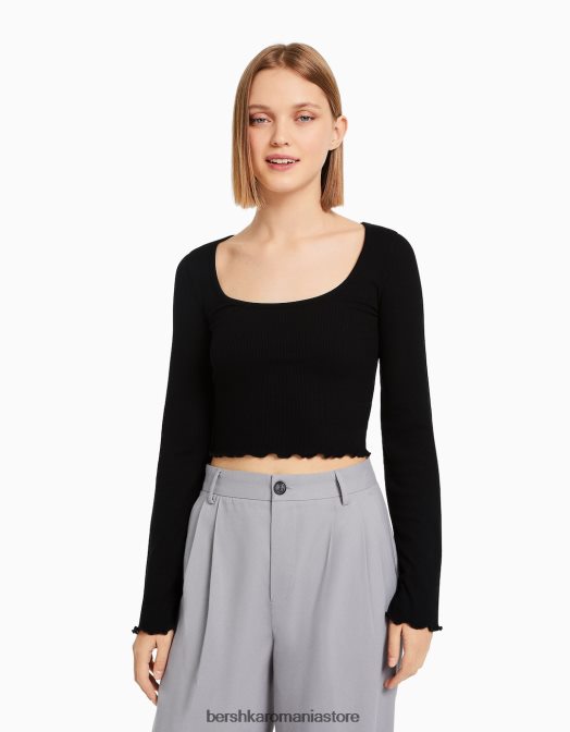 Bershka femei tricou cu maneca lunga si decolteu negru Z86D578 îmbrăcăminte