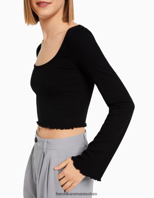 Bershka femei tricou cu maneca lunga si decolteu negru Z86D578 îmbrăcăminte