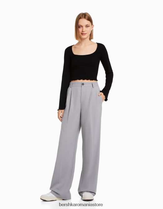 Bershka femei tricou cu maneca lunga si decolteu negru Z86D578 îmbrăcăminte