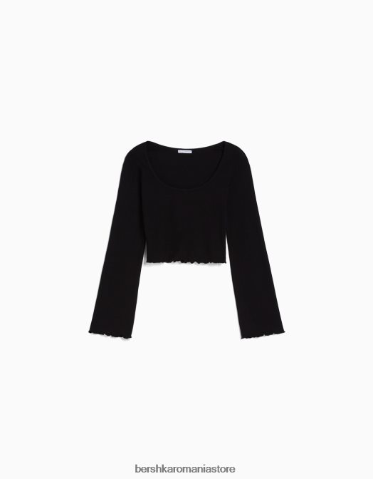 Bershka femei tricou cu maneca lunga si decolteu negru Z86D578 îmbrăcăminte