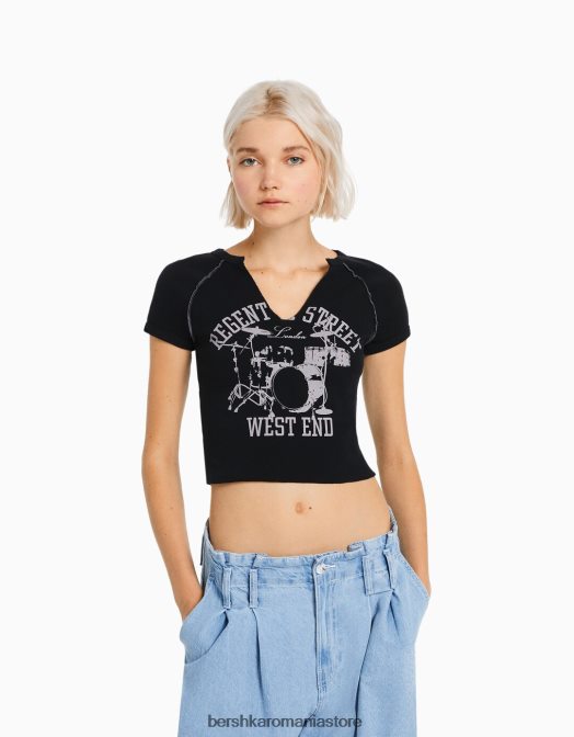 Bershka femei tricou cu maneca scurta cu cusaturi contrastante gri Z86D292 îmbrăcăminte