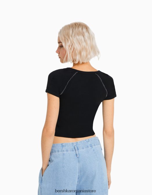 Bershka femei tricou cu maneca scurta cu cusaturi contrastante gri Z86D292 îmbrăcăminte
