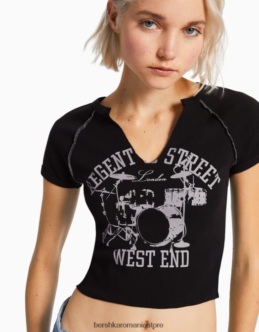 Bershka femei tricou cu maneca scurta cu cusaturi contrastante gri Z86D292 îmbrăcăminte