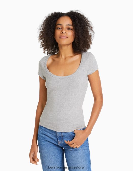 Bershka femei tricou cu maneca scurta cu decolteu gri Z86D567 îmbrăcăminte