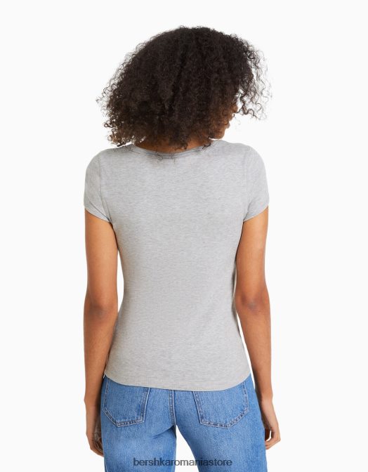 Bershka femei tricou cu maneca scurta cu decolteu gri Z86D567 îmbrăcăminte