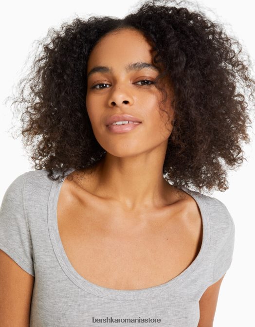 Bershka femei tricou cu maneca scurta cu decolteu gri Z86D567 îmbrăcăminte