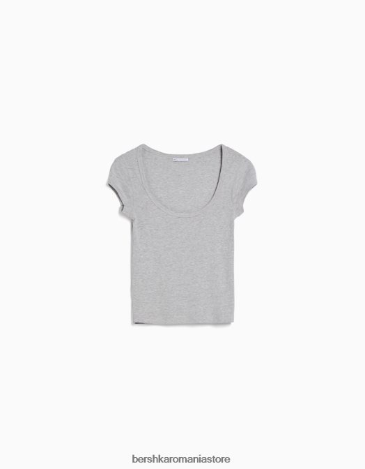 Bershka femei tricou cu maneca scurta cu decolteu gri Z86D567 îmbrăcăminte