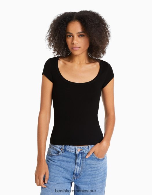 Bershka femei tricou cu maneca scurta cu decolteu negru Z86D569 îmbrăcăminte