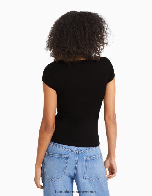 Bershka femei tricou cu maneca scurta cu decolteu negru Z86D569 îmbrăcăminte