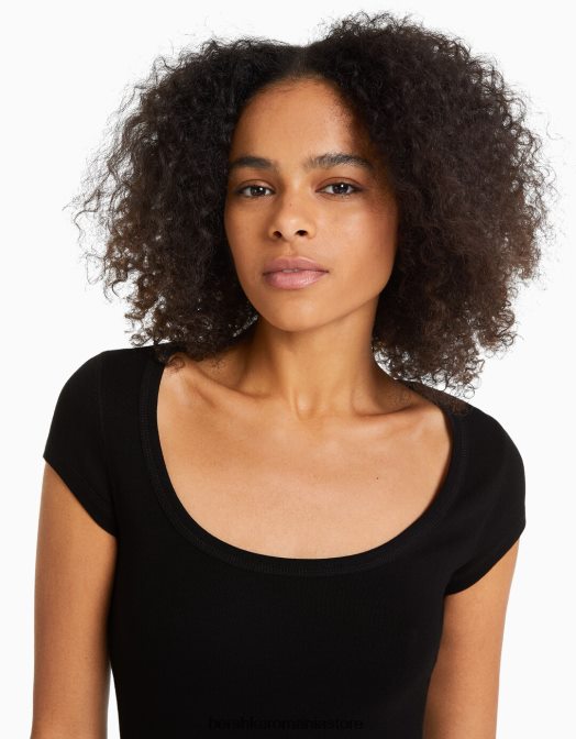 Bershka femei tricou cu maneca scurta cu decolteu negru Z86D569 îmbrăcăminte