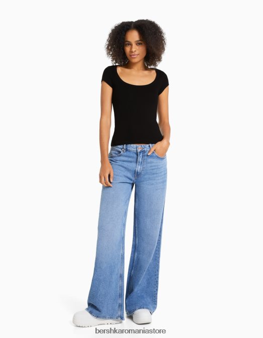 Bershka femei tricou cu maneca scurta cu decolteu negru Z86D569 îmbrăcăminte