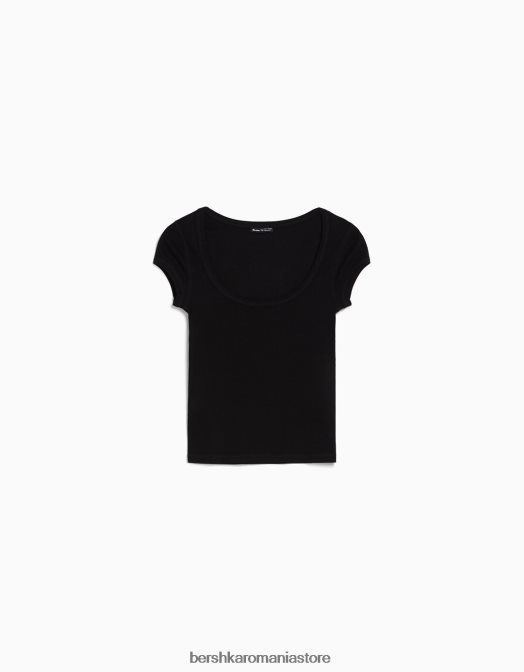Bershka femei tricou cu maneca scurta cu decolteu negru Z86D569 îmbrăcăminte