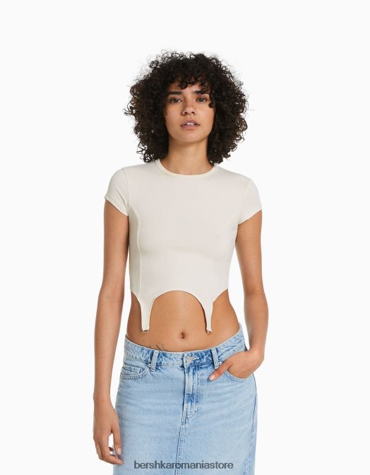 Bershka femei tricou cu maneca scurta cu detaliu cremă Z86D509 îmbrăcăminte