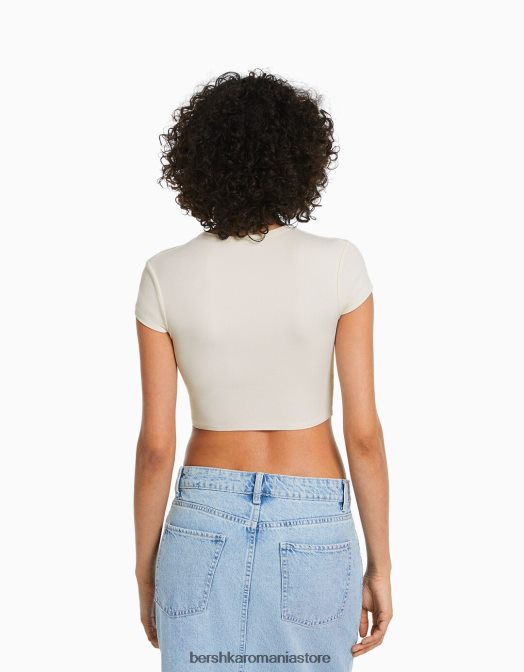 Bershka femei tricou cu maneca scurta cu detaliu cremă Z86D509 îmbrăcăminte