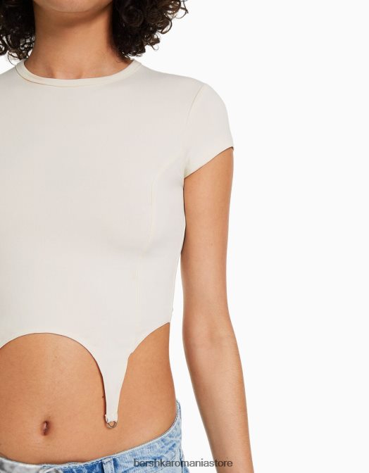 Bershka femei tricou cu maneca scurta cu detaliu cremă Z86D509 îmbrăcăminte