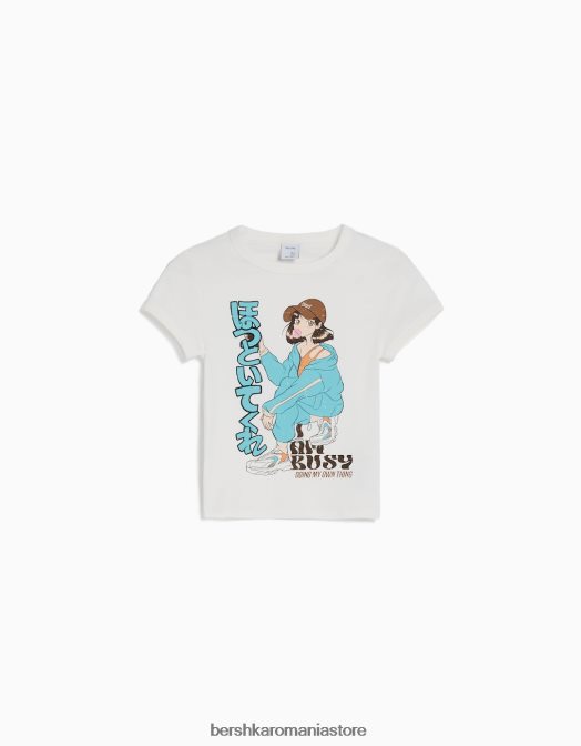 Bershka femei tricou cu maneca scurta cu imprimeu alb Z86D296 îmbrăcăminte