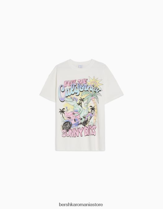 Bershka femei tricou cu maneca scurta cu imprimeu alb Z86D328 îmbrăcăminte