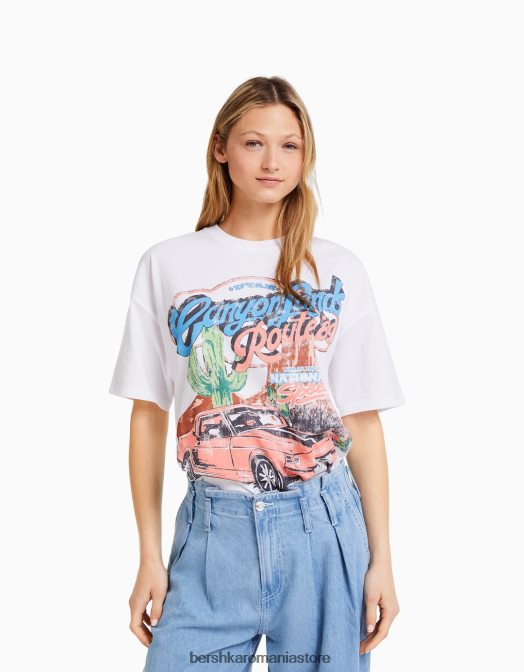 Bershka femei tricou cu maneca scurta cu imprimeu alb Z86D442 îmbrăcăminte