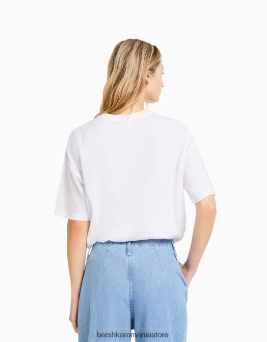 Bershka femei tricou cu maneca scurta cu imprimeu alb Z86D442 îmbrăcăminte
