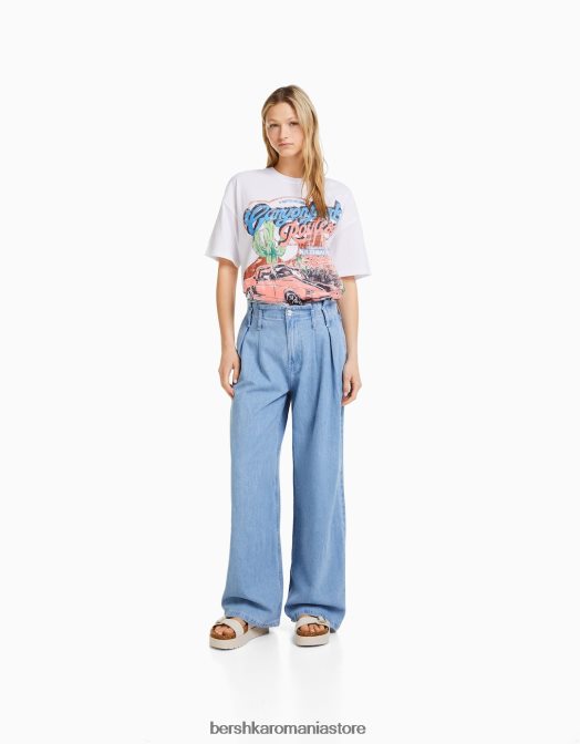 Bershka femei tricou cu maneca scurta cu imprimeu alb Z86D442 îmbrăcăminte