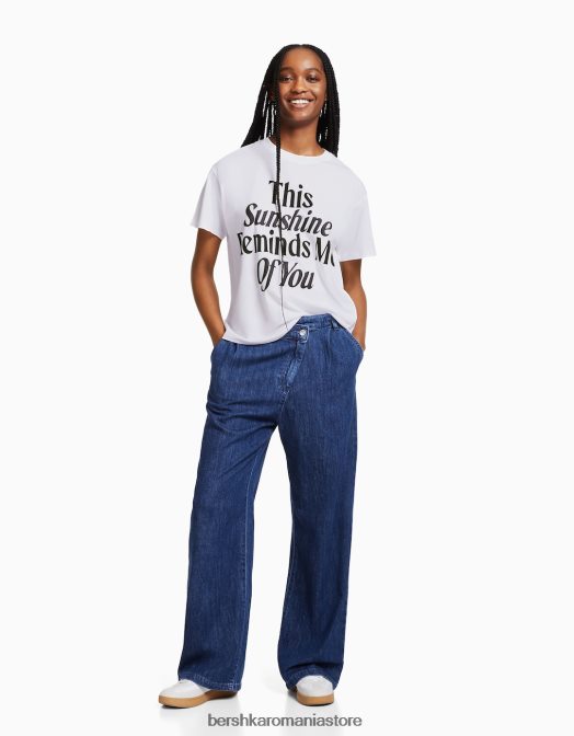 Bershka femei tricou cu maneca scurta cu imprimeu alb Z86D543 îmbrăcăminte