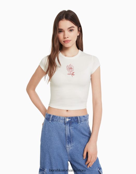 Bershka femei tricou cu maneca scurta cu imprimeu alb Z86D595 îmbrăcăminte