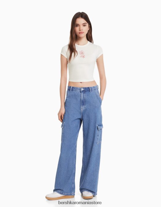 Bershka femei tricou cu maneca scurta cu imprimeu alb Z86D595 îmbrăcăminte