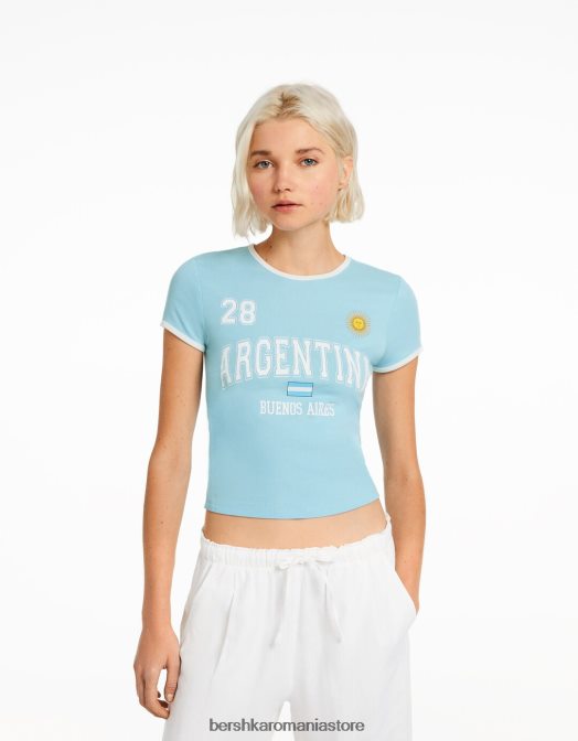 Bershka femei tricou cu maneca scurta cu imprimeu albastru Z86D613 îmbrăcăminte