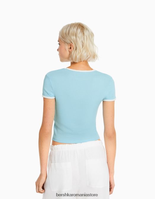 Bershka femei tricou cu maneca scurta cu imprimeu albastru Z86D613 îmbrăcăminte