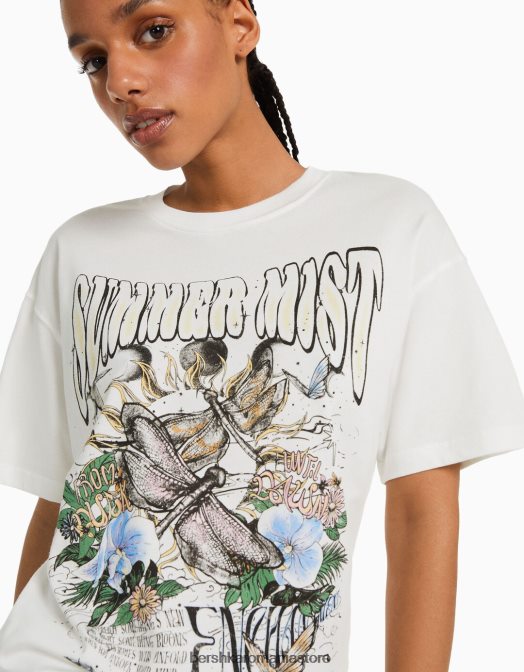 Bershka femei tricou cu maneca scurta cu imprimeu aproape alb Z86D360 îmbrăcăminte