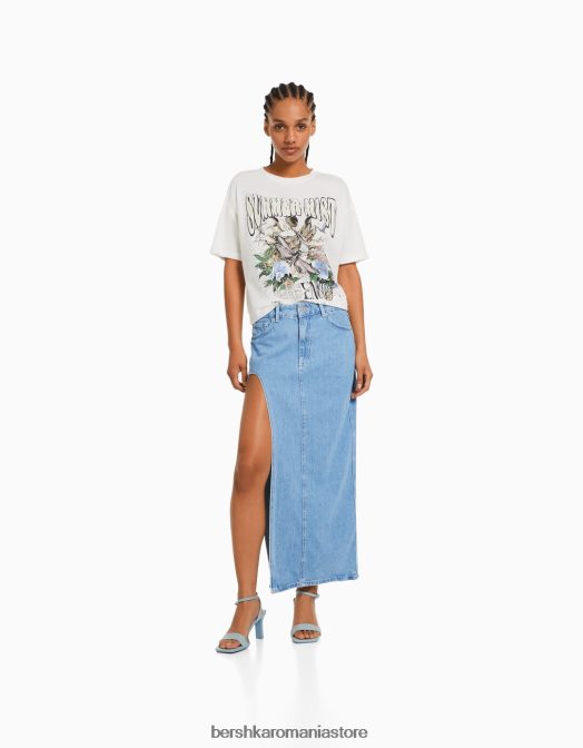 Bershka femei tricou cu maneca scurta cu imprimeu aproape alb Z86D360 îmbrăcăminte