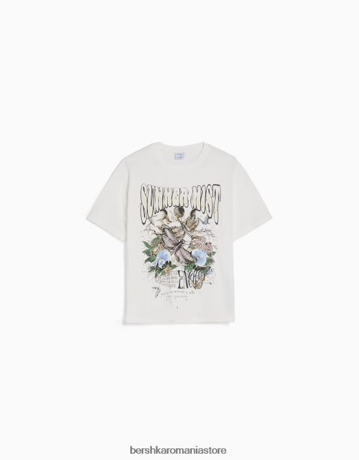 Bershka femei tricou cu maneca scurta cu imprimeu aproape alb Z86D360 îmbrăcăminte