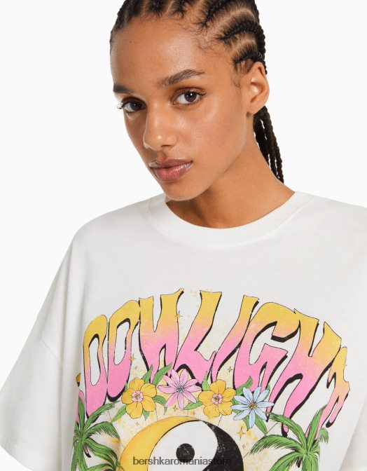 Bershka femei tricou cu maneca scurta cu imprimeu aproape alb Z86D363 îmbrăcăminte