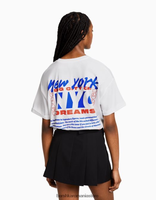 Bershka femei tricou cu maneca scurta cu imprimeu aproape alb Z86D404 îmbrăcăminte