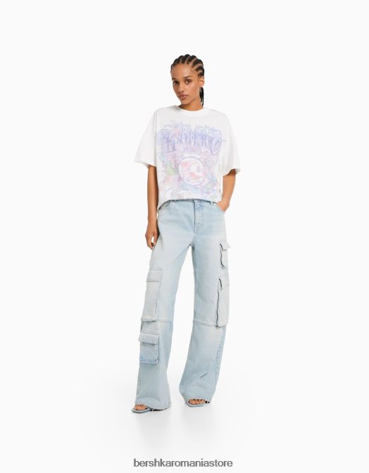 Bershka femei tricou cu maneca scurta cu imprimeu aproape alb Z86D432 îmbrăcăminte