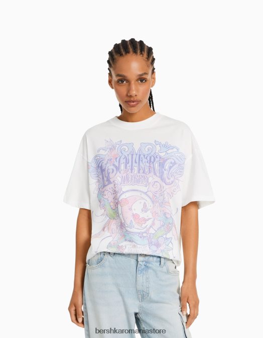 Bershka femei tricou cu maneca scurta cu imprimeu aproape alb Z86D432 îmbrăcăminte