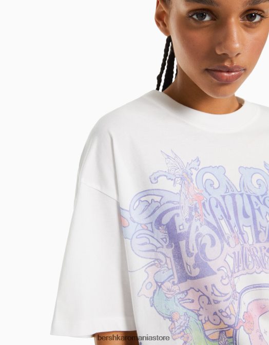 Bershka femei tricou cu maneca scurta cu imprimeu aproape alb Z86D432 îmbrăcăminte