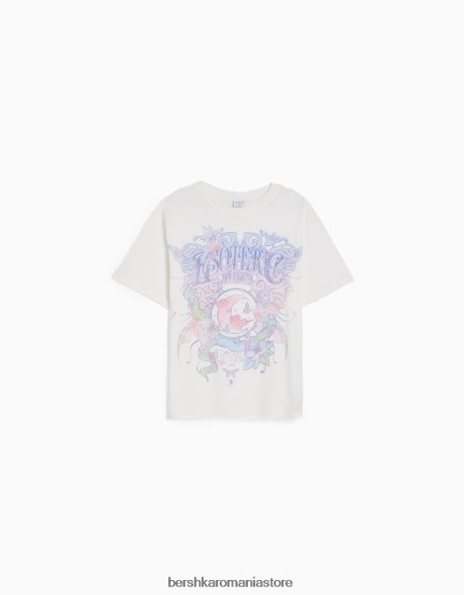 Bershka femei tricou cu maneca scurta cu imprimeu aproape alb Z86D432 îmbrăcăminte