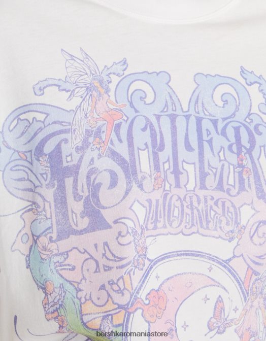 Bershka femei tricou cu maneca scurta cu imprimeu aproape alb Z86D432 îmbrăcăminte