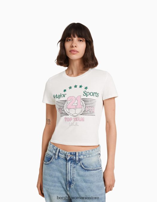 Bershka femei tricou cu maneca scurta cu imprimeu aproape alb Z86D493 îmbrăcăminte