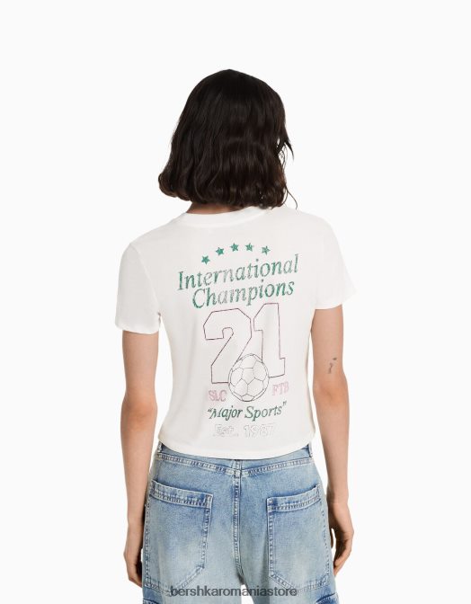 Bershka femei tricou cu maneca scurta cu imprimeu aproape alb Z86D493 îmbrăcăminte